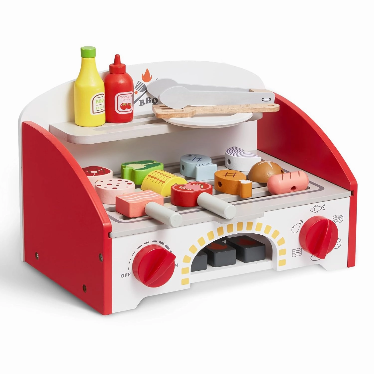 VEVOR Kids BBQ Grill Toy, Wooden Barbecue Kitchen with Realistic Carbon Fire, Wooden Play Food Kitchen Accessory (26 PCS), Indoor/Outdoor Interactive Pretend Play Toys for Boys Girls Ages 3  Gift