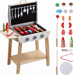 VEVOR Wooden Play Barbecue Toy Grill, Kids Grill Playset with Play Food and Grilling Tools, Wooden Play Food Kitchen Accessory (21 PCS), Pretend Play Cooking Toy for Toddlers Boys Girls Age 3  Gift