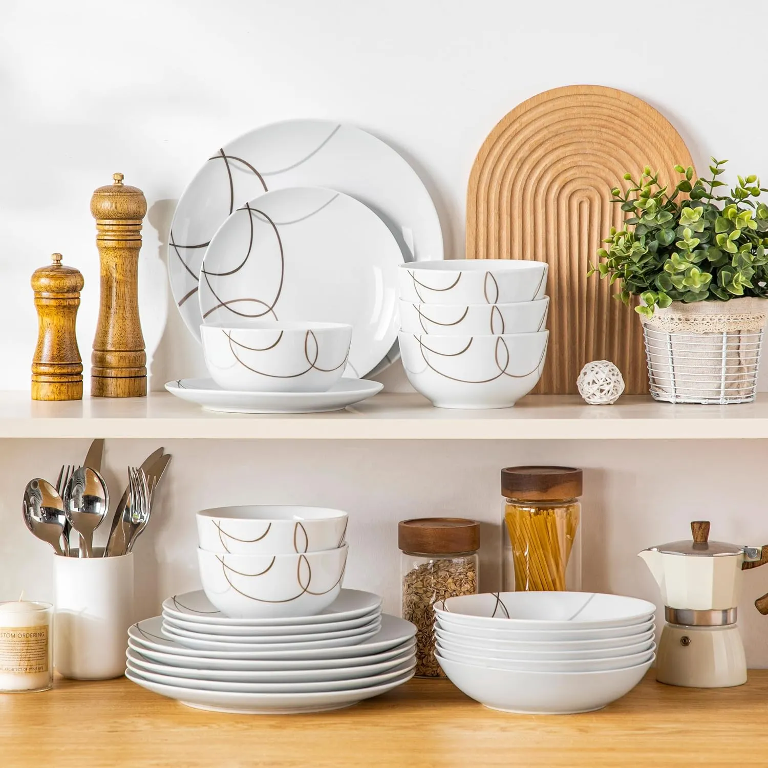 VEWEET 24 Pieces Dinnerware Sets for 6, Porcelain Plates and Bowls Set with Brown Lines, Classic Dishes Set Dining Ware for Dinner, Microwave and Dishwasher Safe, Series NIKITA