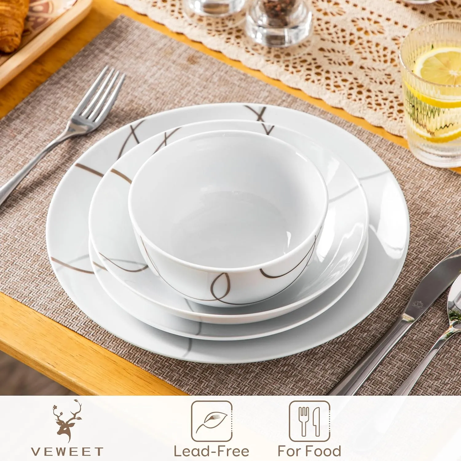 VEWEET 24 Pieces Dinnerware Sets for 6, Porcelain Plates and Bowls Set with Brown Lines, Classic Dishes Set Dining Ware for Dinner, Microwave and Dishwasher Safe, Series NIKITA