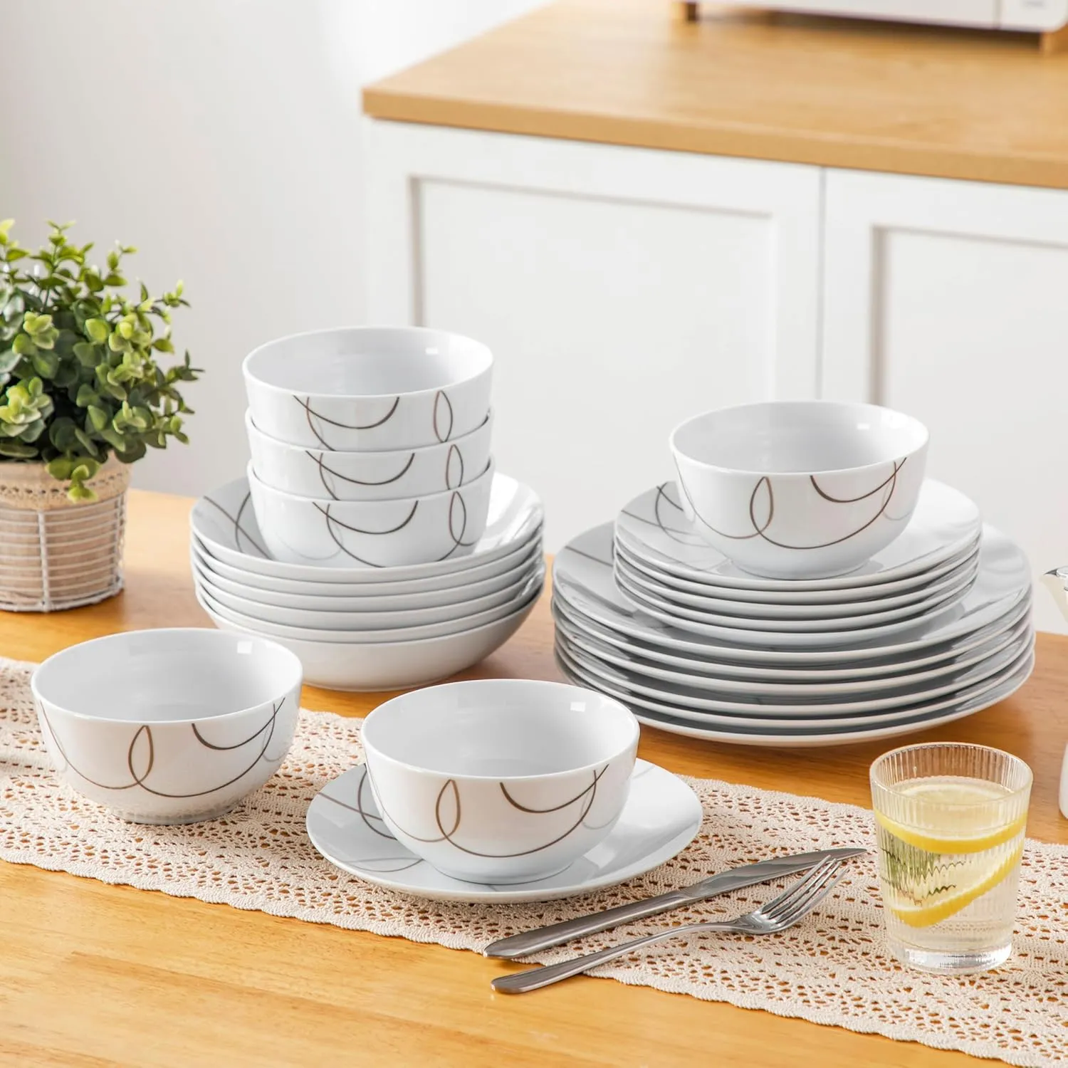 VEWEET 24 Pieces Dinnerware Sets for 6, Porcelain Plates and Bowls Set with Brown Lines, Classic Dishes Set Dining Ware for Dinner, Microwave and Dishwasher Safe, Series NIKITA
