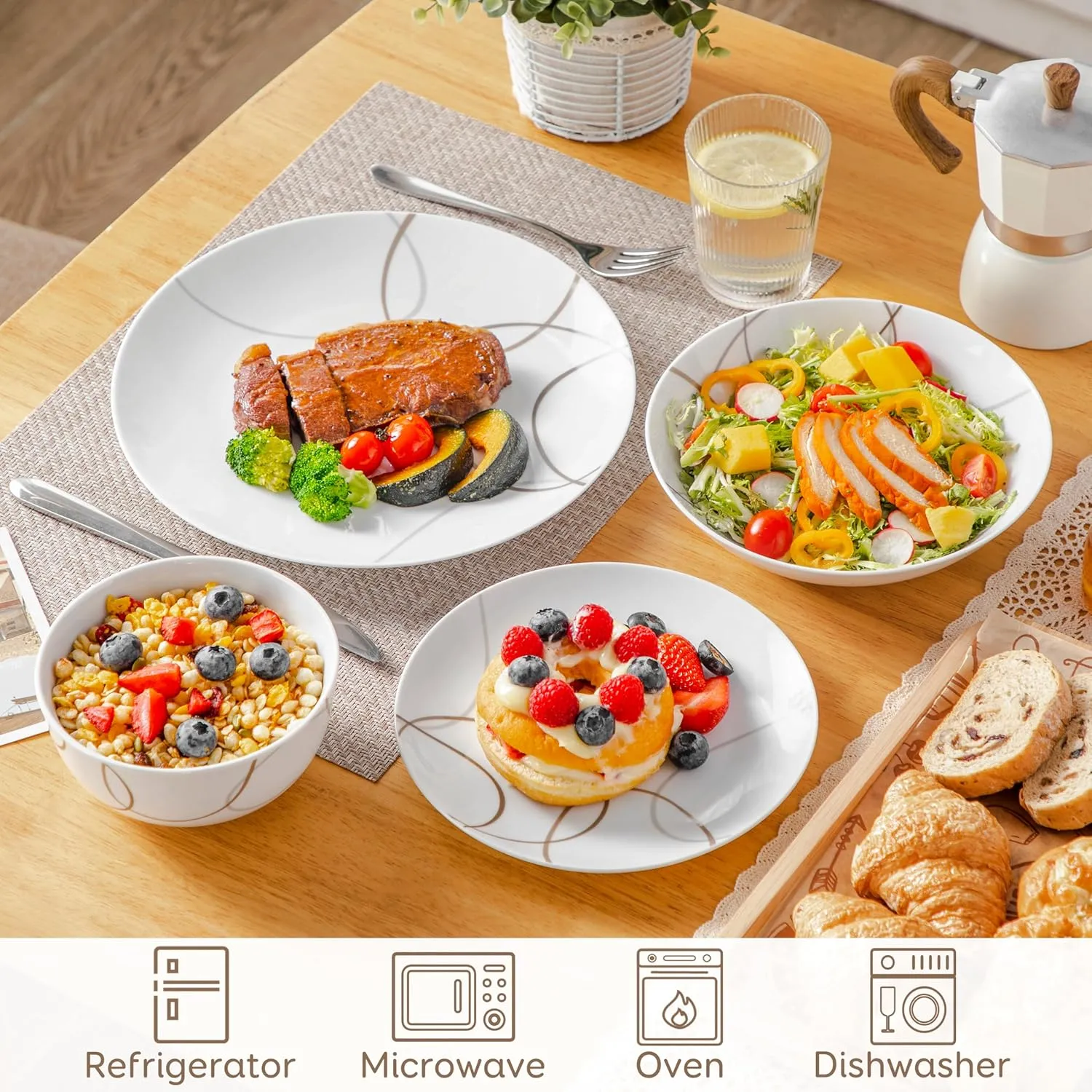 VEWEET 24 Pieces Dinnerware Sets for 6, Porcelain Plates and Bowls Set with Brown Lines, Classic Dishes Set Dining Ware for Dinner, Microwave and Dishwasher Safe, Series NIKITA