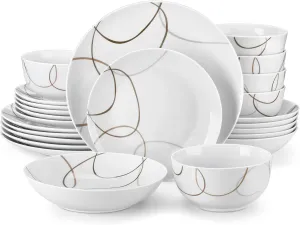 VEWEET 24 Pieces Dinnerware Sets for 6, Porcelain Plates and Bowls Set with Brown Lines, Classic Dishes Set Dining Ware for Dinner, Microwave and Dishwasher Safe, Series NIKITA