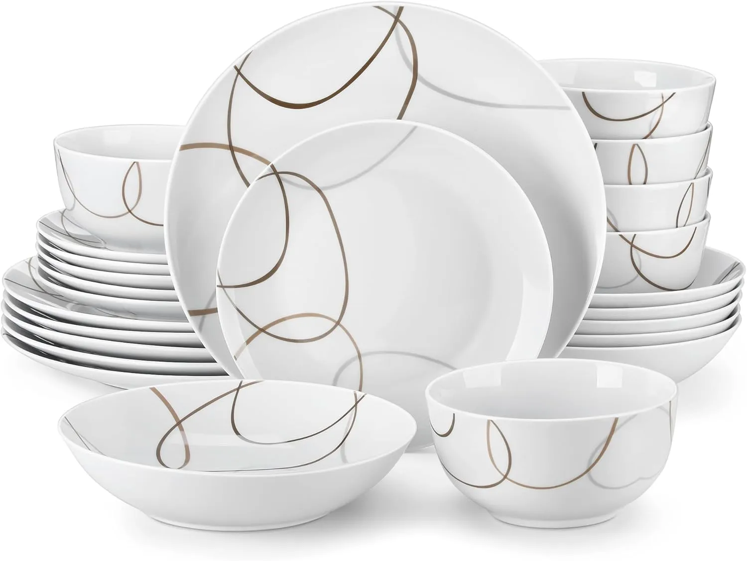 VEWEET 24 Pieces Dinnerware Sets for 6, Porcelain Plates and Bowls Set with Brown Lines, Classic Dishes Set Dining Ware for Dinner, Microwave and Dishwasher Safe, Series NIKITA