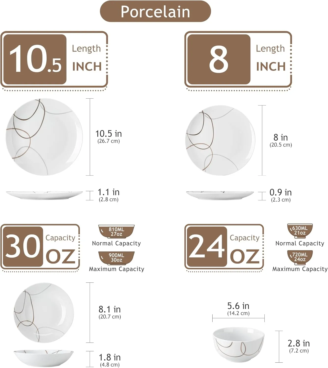 VEWEET 24 Pieces Dinnerware Sets for 6, Porcelain Plates and Bowls Set with Brown Lines, Classic Dishes Set Dining Ware for Dinner, Microwave and Dishwasher Safe, Series NIKITA