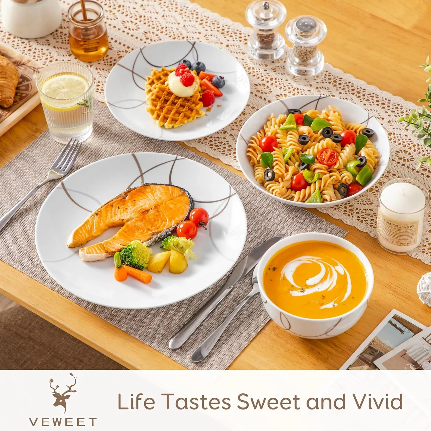 VEWEET 24 Pieces Dinnerware Sets for 6, Porcelain Plates and Bowls Set with Brown Lines, Classic Dishes Set Dining Ware for Dinner, Microwave and Dishwasher Safe, Series NIKITA