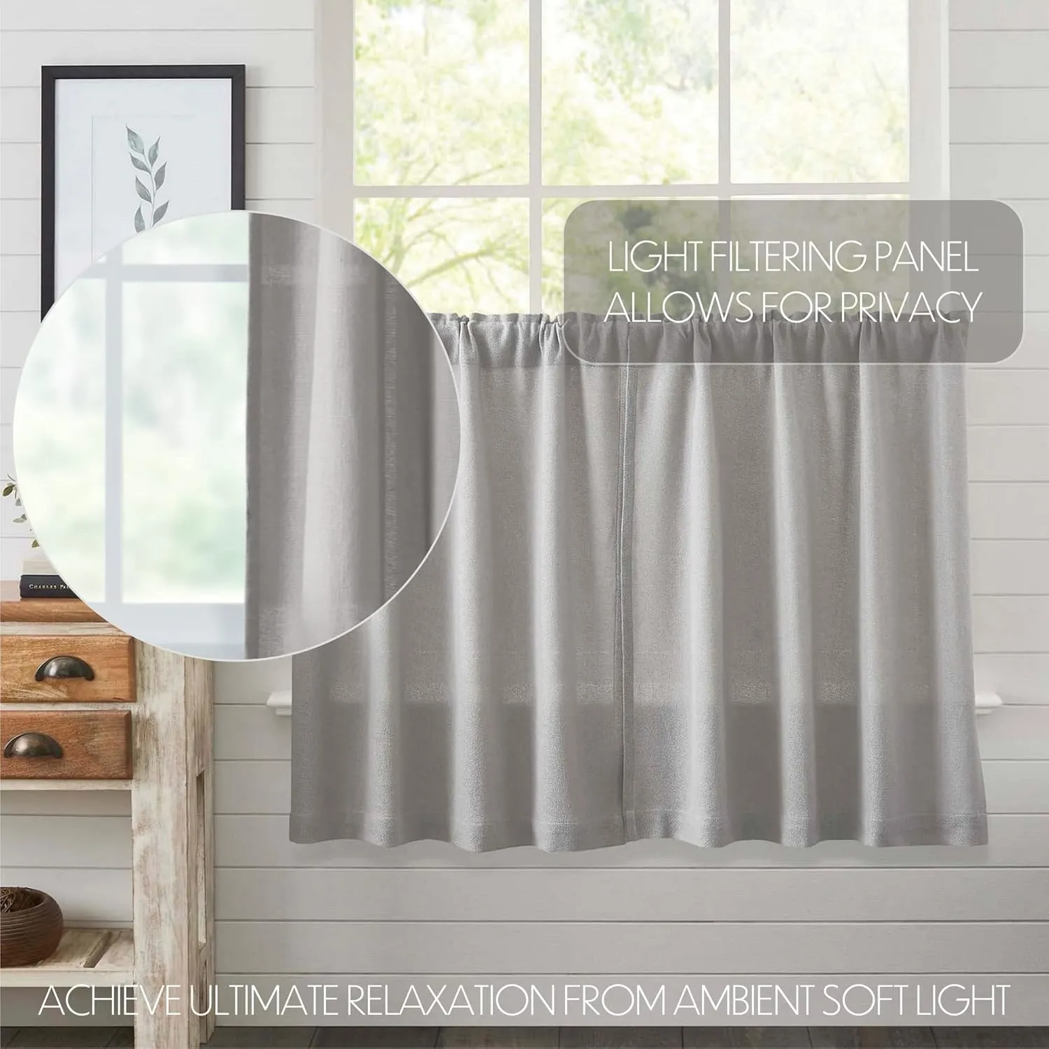 VHC Brands Burlap Dove Grey Farmhouse Curtains Tier Set of 2 L36xW36