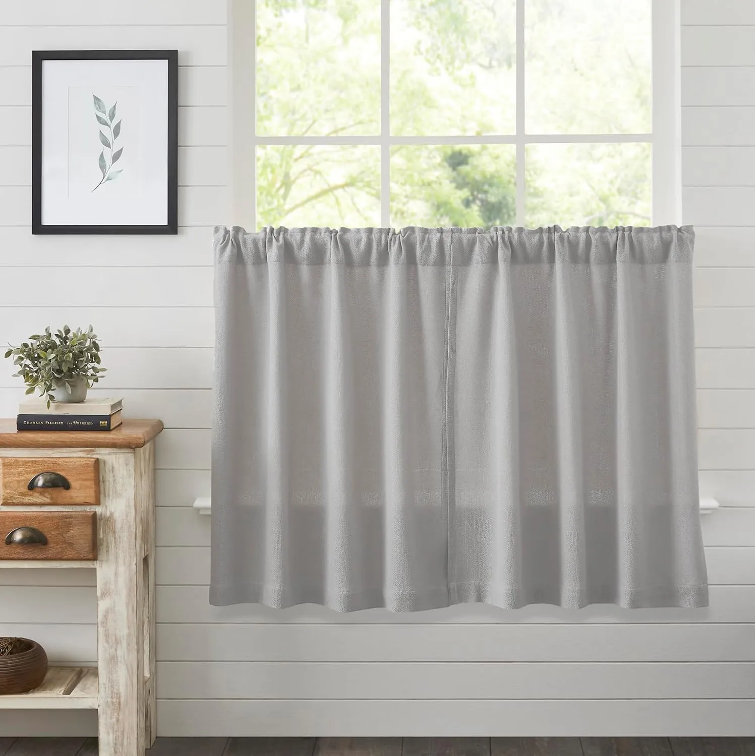 VHC Brands Burlap Dove Grey Farmhouse Curtains Tier Set of 2 L36xW36