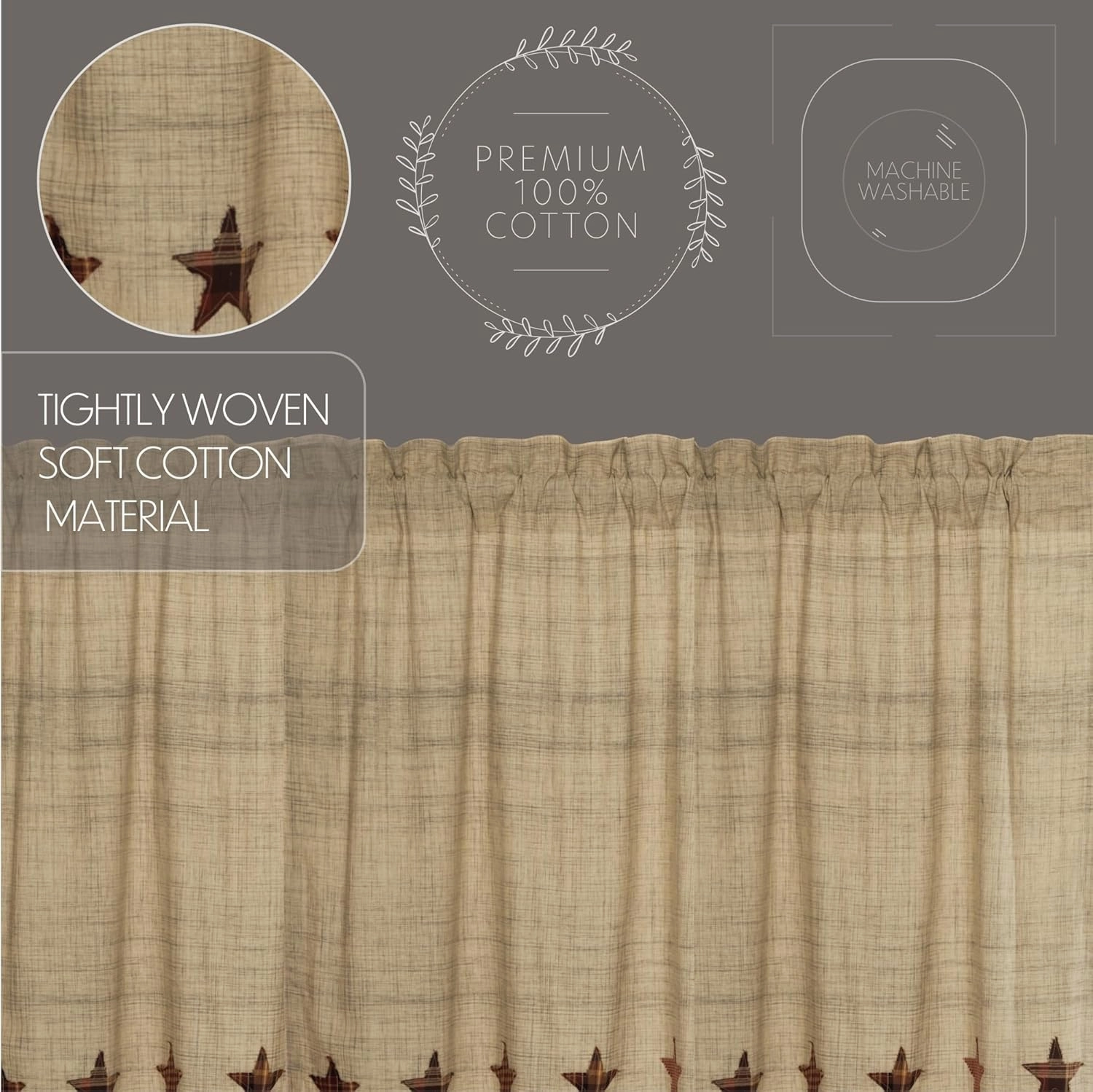 VHC Brands Abilene Country Tan Independence Day Appliqued Star Prairie Swag Set of 2 36x36x18