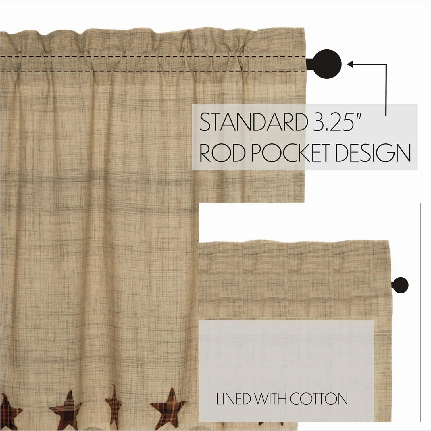 VHC Brands Abilene Country Tan Independence Day Appliqued Star Prairie Swag Set of 2 36x36x18
