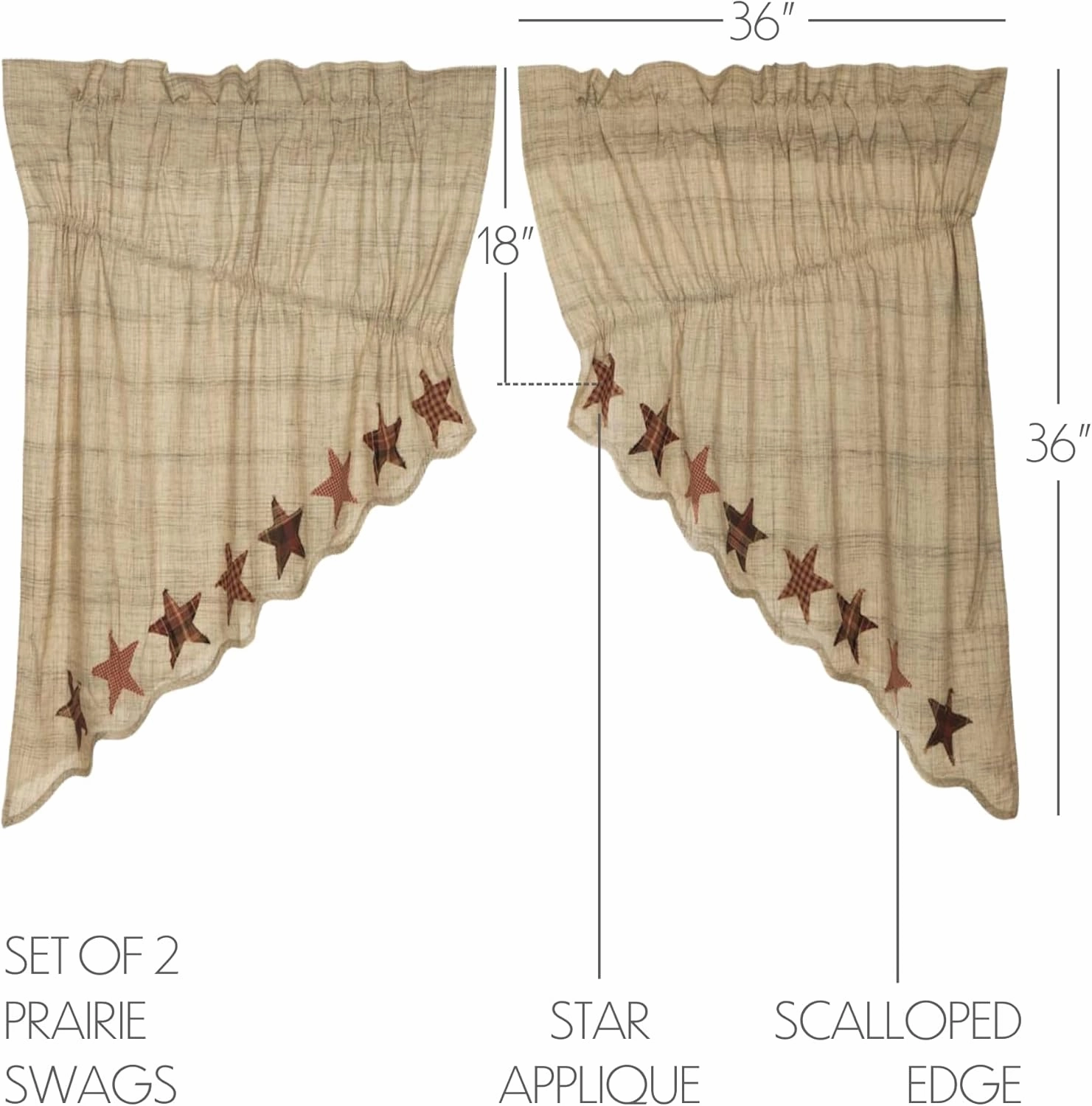 VHC Brands Abilene Country Tan Independence Day Appliqued Star Prairie Swag Set of 2 36x36x18