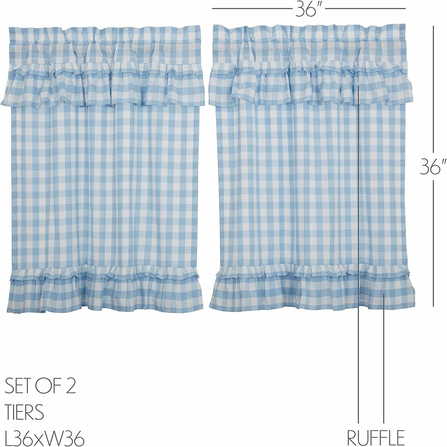 VHC Brands Annie Blue Buffalo Check Farmhouse Ruffled Tier Kitchen Curtain Set 36x36