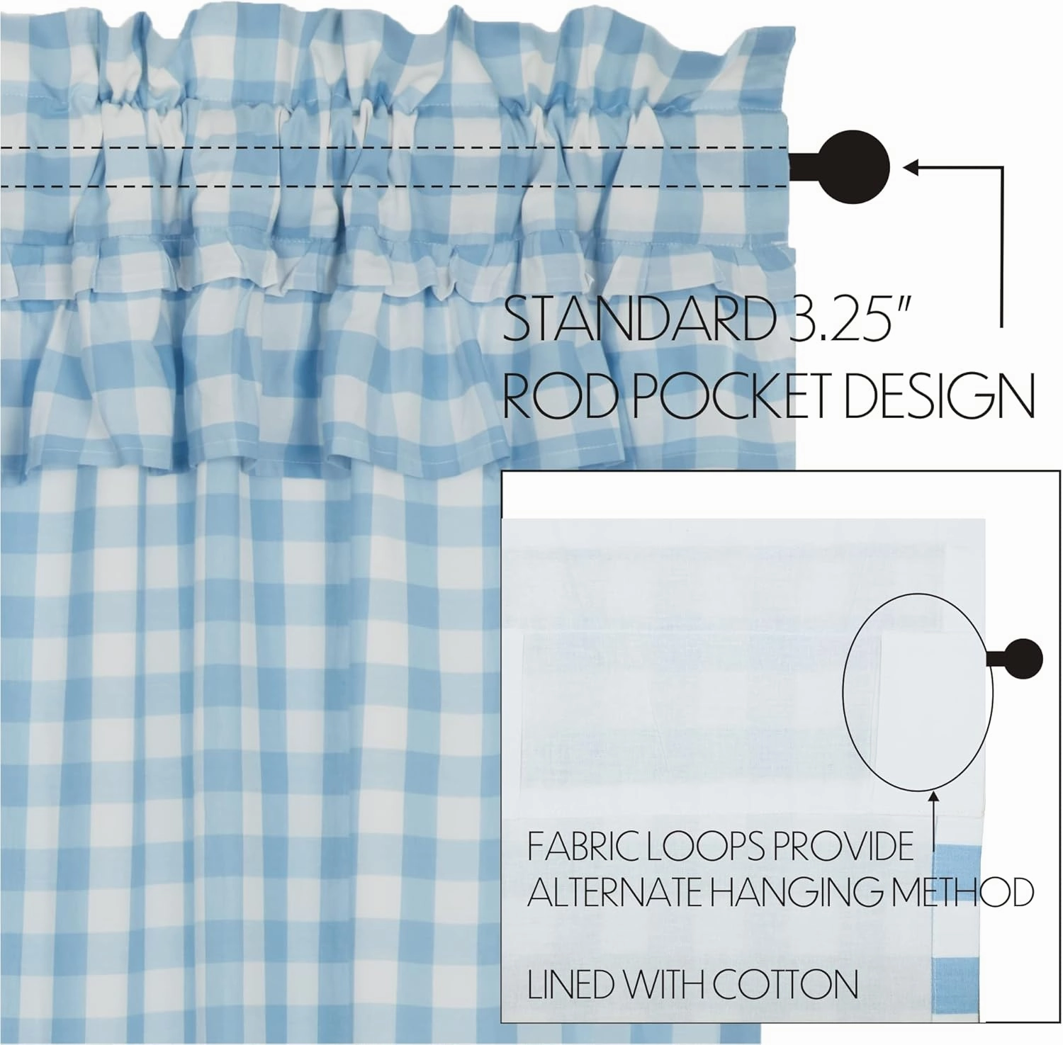 VHC Brands Annie Blue Buffalo Check Farmhouse Ruffled Tier Kitchen Curtain Set 36x36