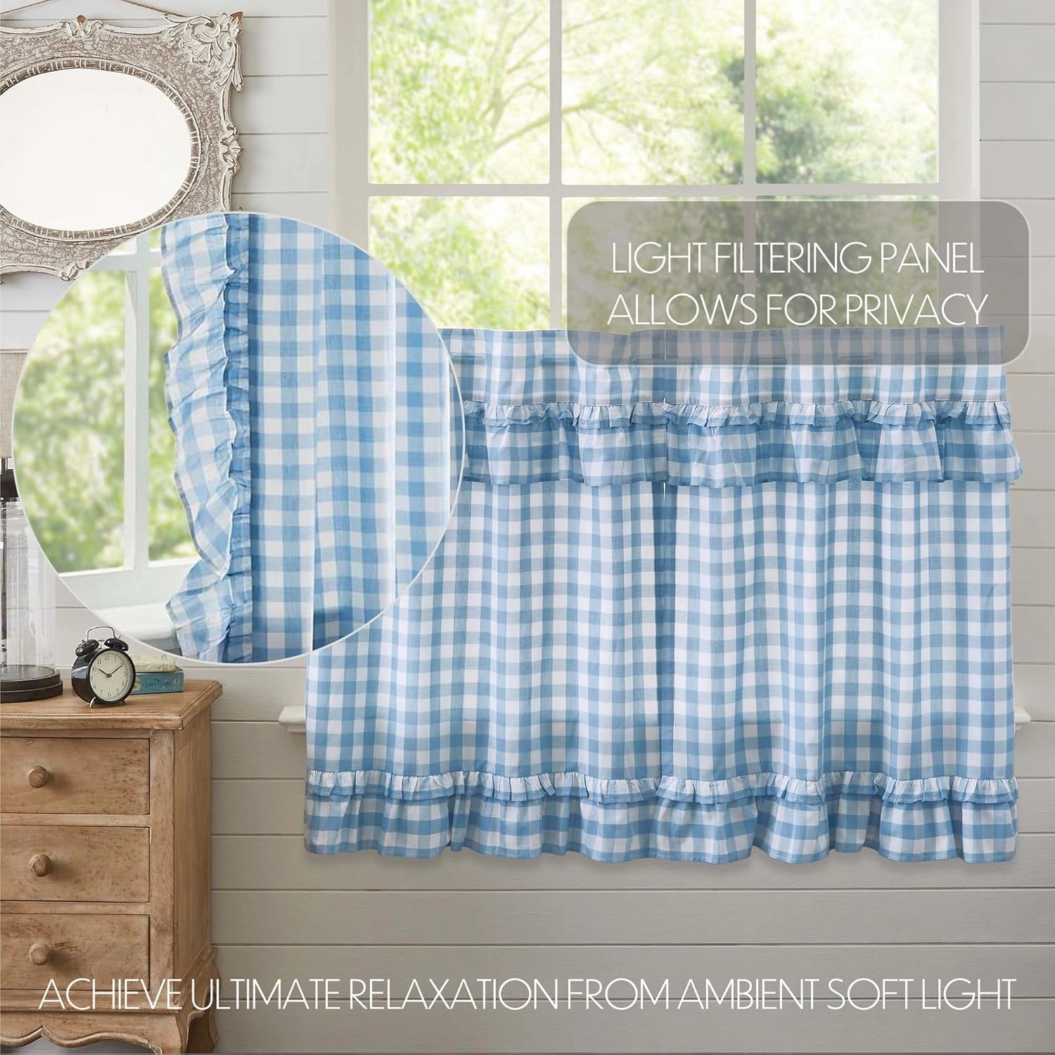 VHC Brands Annie Blue Buffalo Check Farmhouse Ruffled Tier Kitchen Curtain Set 36x36