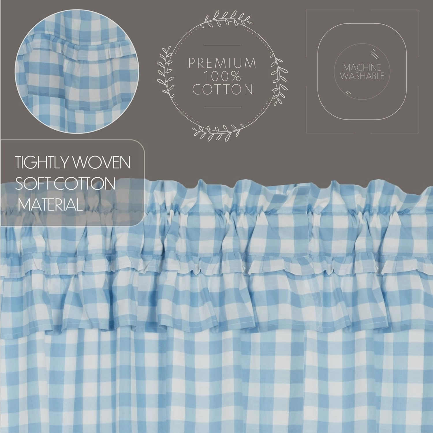 VHC Brands Annie Blue Buffalo Check Farmhouse Ruffled Tier Kitchen Curtain Set 36x36