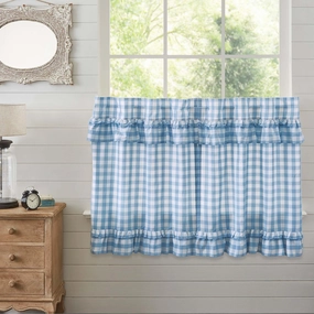 VHC Brands Annie Blue Buffalo Check Farmhouse Ruffled Tier Kitchen Curtain Set 36x36