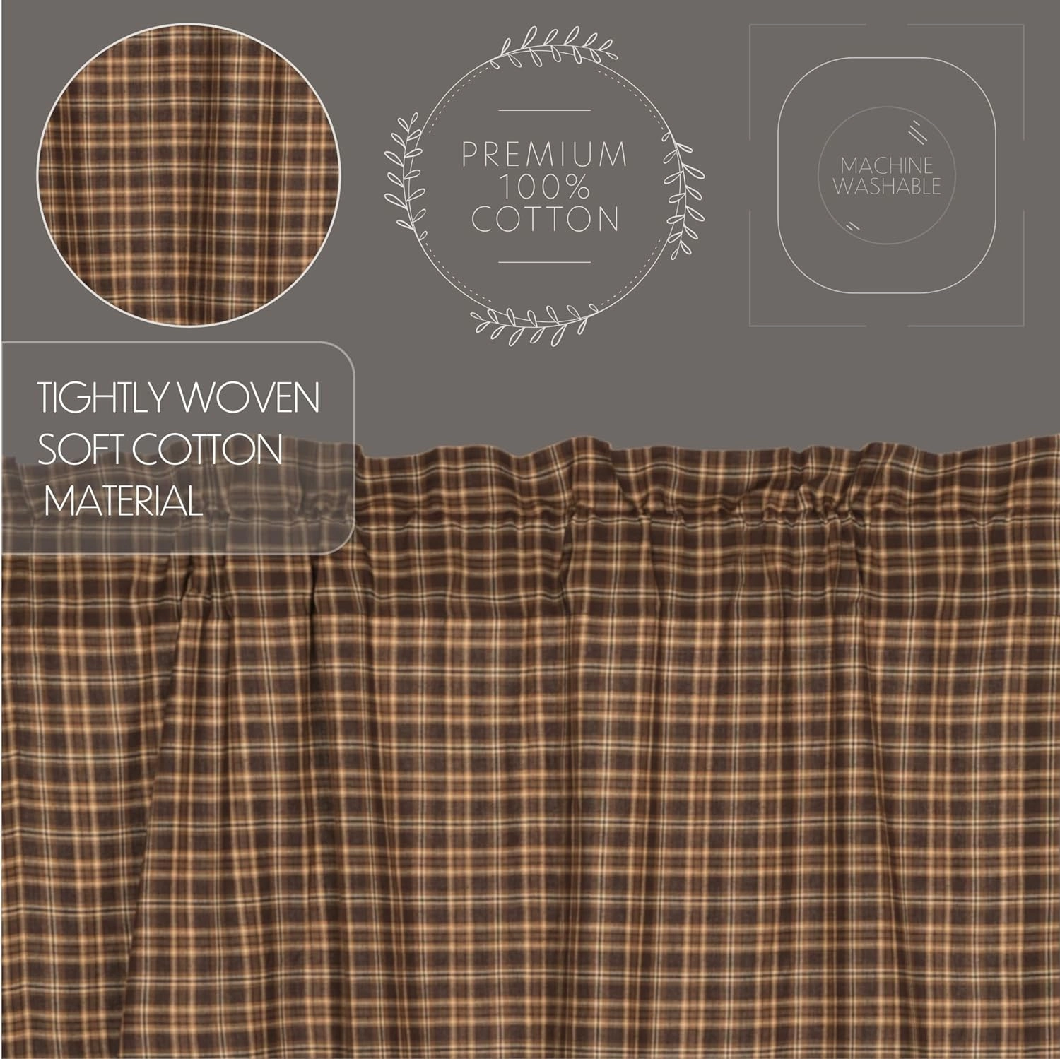 VHC Brands Prescott Plaid Cotton Rustic Kitchen Curtains Rod Pocket Drawstring Ties Bedding Accessory, Prairie Swag 36x36x18