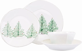 Vietri Lastra Holiday White and Green 4-Piece Place Setting, Dinnerware Set - Cereal/Pasta Bowls, Salad/Dinner Plates