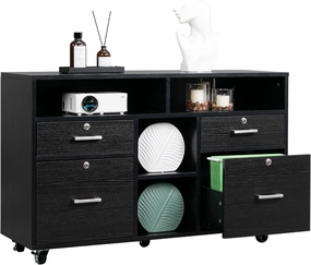 VINGLI Wood Mobile File Cabinet with 4 Drawers and Shelves, Printer Stand with Open Storage, Locking Lateral Filing Cabinet for Home Office, Black