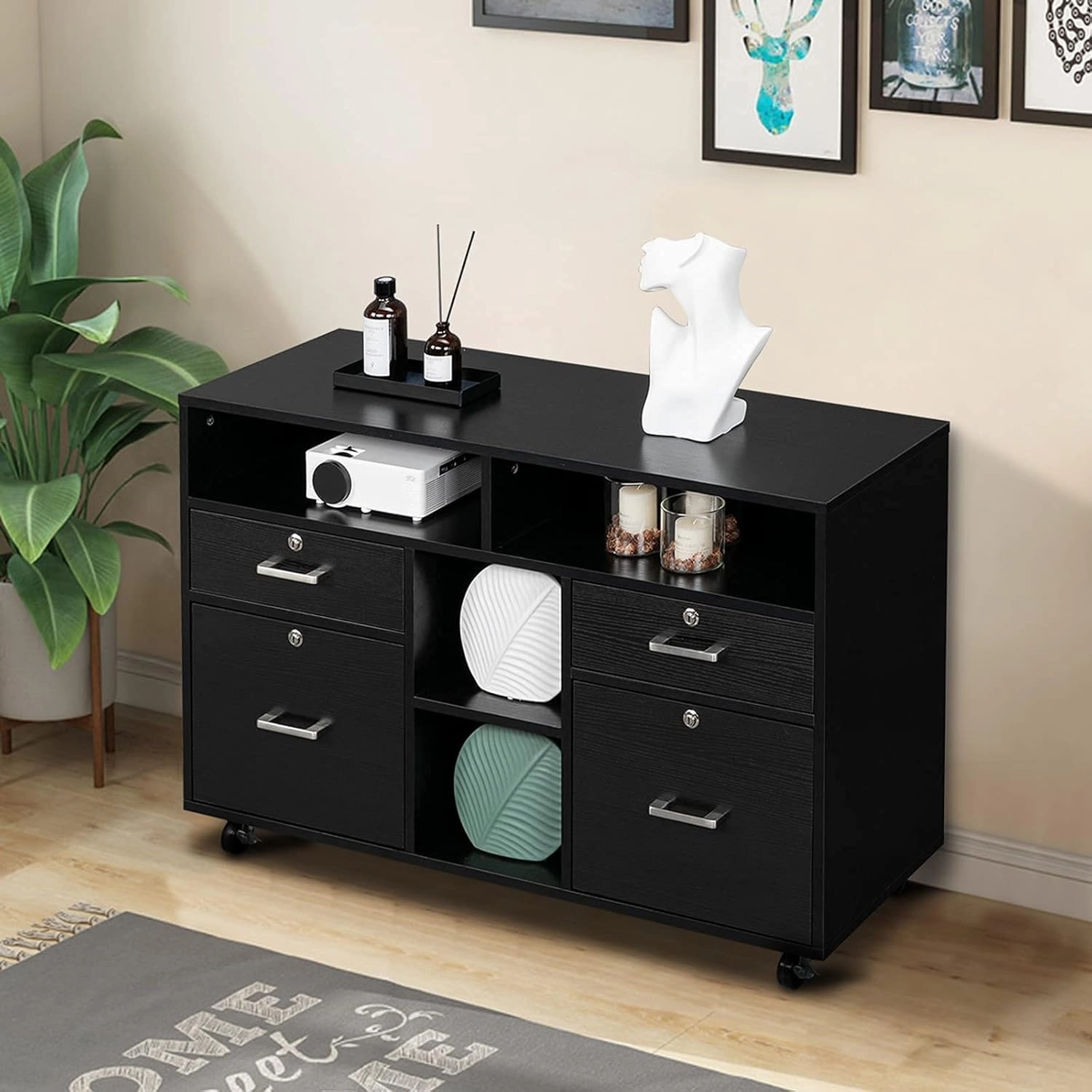 VINGLI Wood Mobile File Cabinet with 4 Drawers and Shelves, Printer Stand with Open Storage, Locking Lateral Filing Cabinet for Home Office, Black
