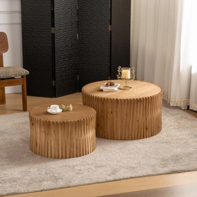 Vintage Cylindrical Nesting Coffee Table Set, Elegant Embossed Design, Natural Finish, Living Room or Office