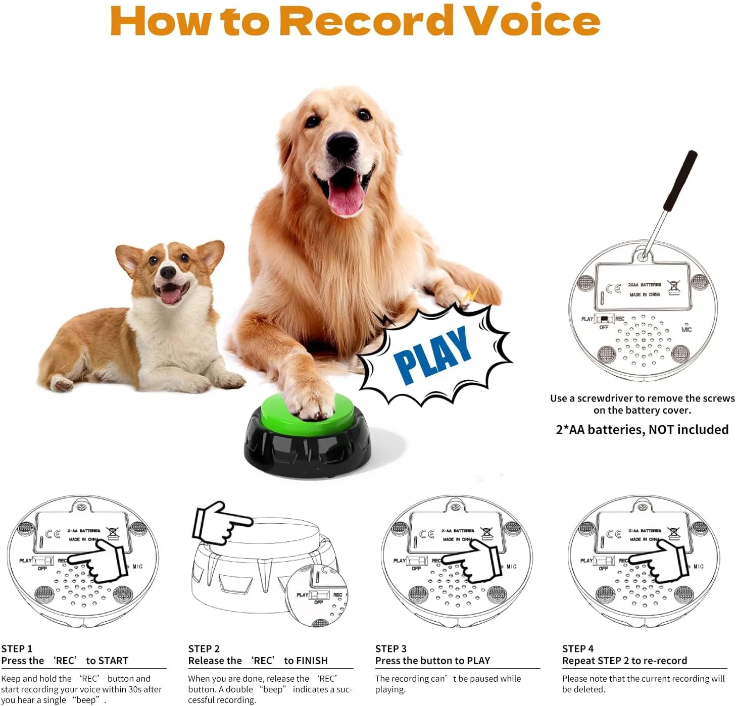 Voice Recording Button, Dog Buttons for Communication Pet Training Buzzer, 30 Second Record & Playback, Dog Talking Buttons Set 4 Pack with Stickers