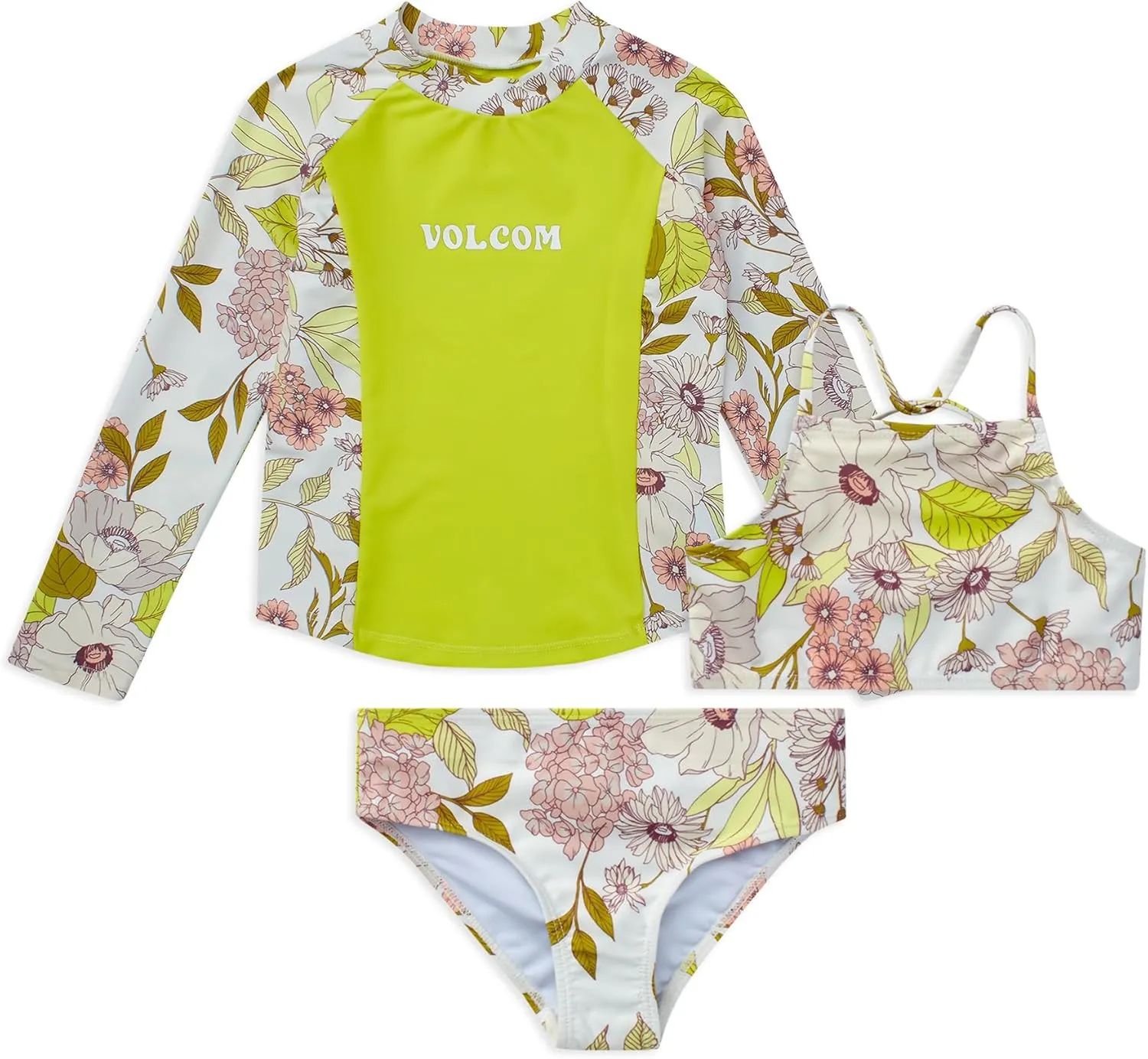 Volcom Girls' Swimsuit Set - 3 Piece UPF50  High Neck Bikini Top, Bikini Bottom and Matching Swim Shorts for Girls (2T-16)