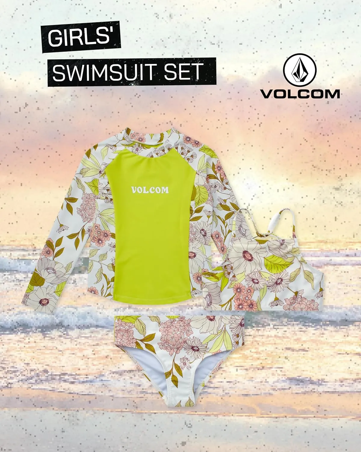 Volcom Girls' Swimsuit Set - 3 Piece UPF50  High Neck Bikini Top, Bikini Bottom and Matching Swim Shorts for Girls (2T-16)