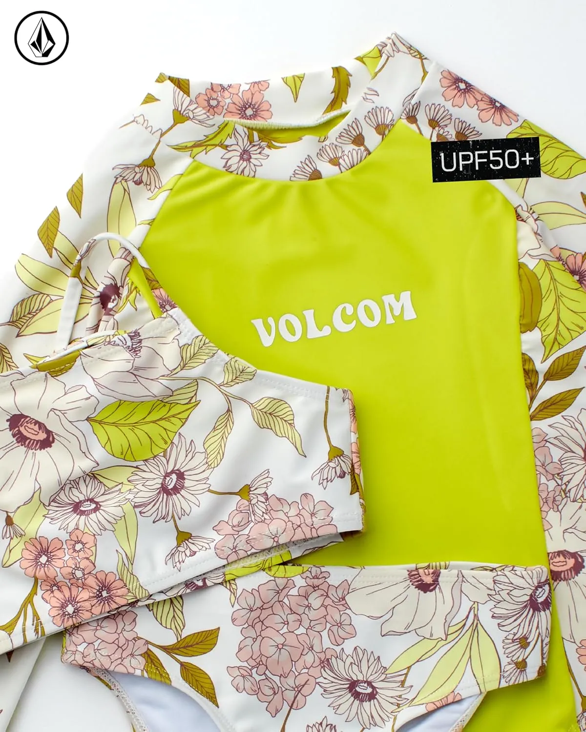 Volcom Girls' Swimsuit Set - 3 Piece UPF50  High Neck Bikini Top, Bikini Bottom and Matching Swim Shorts for Girls (2T-16)