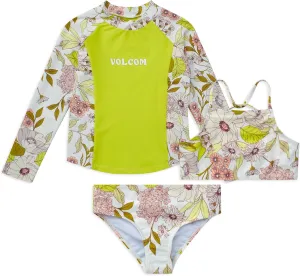 Volcom Girls' Swimsuit Set - 3 Piece UPF50  High Neck Bikini Top, Bikini Bottom and Matching Swim Shorts for Girls (2T-16)