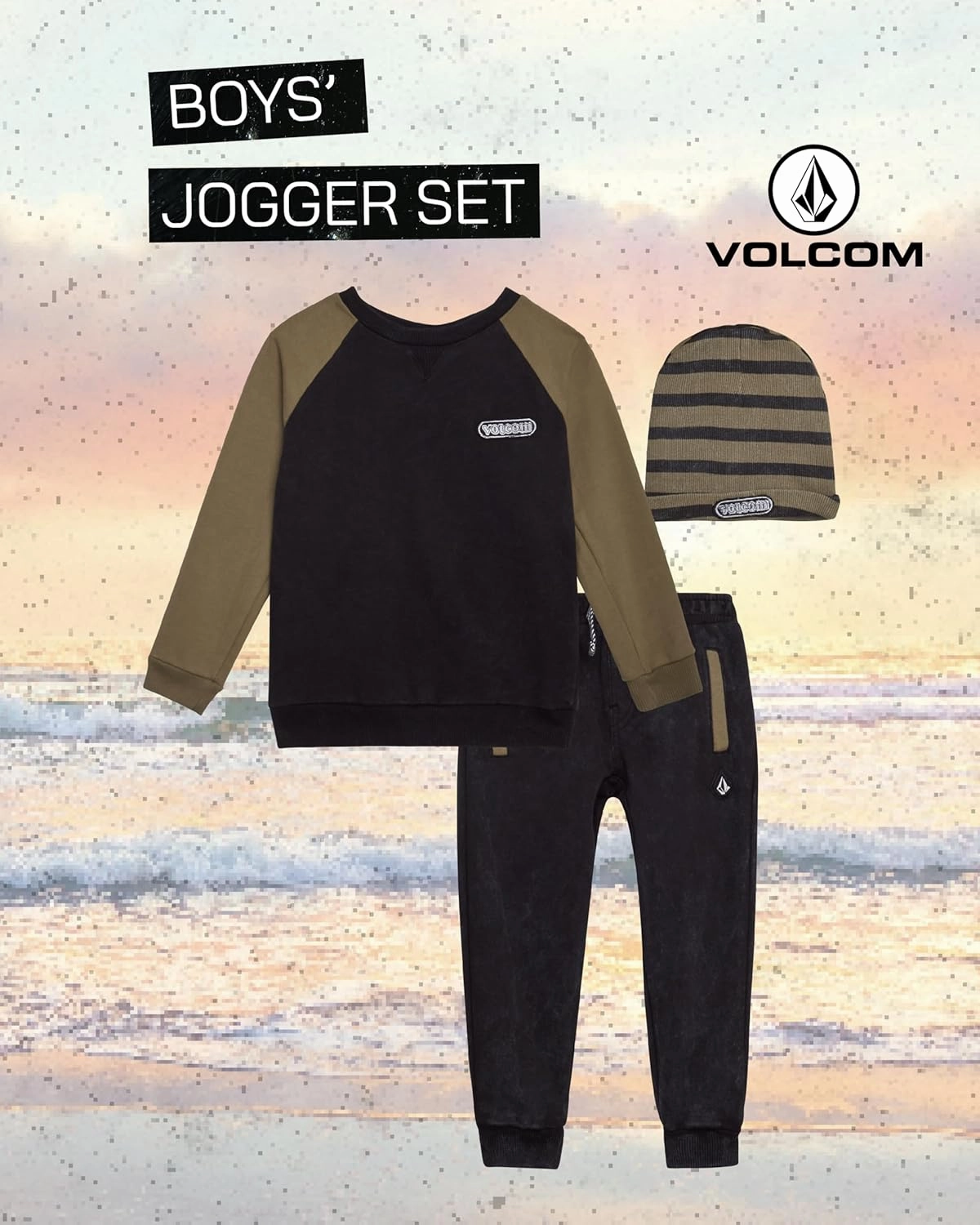 Volcom Boys' Sweatsuit Set - 3 Piece French Terry Active Set Boys Sweatshirt, Jogger Pants and Hat - Boys Jogger Set (12M-7)