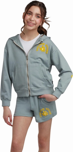 Volcom Girls' Fleece Short Set - 2 Piece Long Sleeve Full Zip Up Hoodie Sweatshirt and Matching Sweat Shorts (Sizes: 4-12)