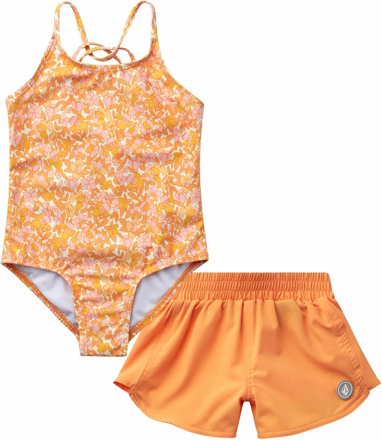 Volcom Girls' Swimsuit Set - UPF50  Quick-Dry Girls One Piece Swimsuits with Matching Swim Shorts for Swimming (Sizes: 2T-16)