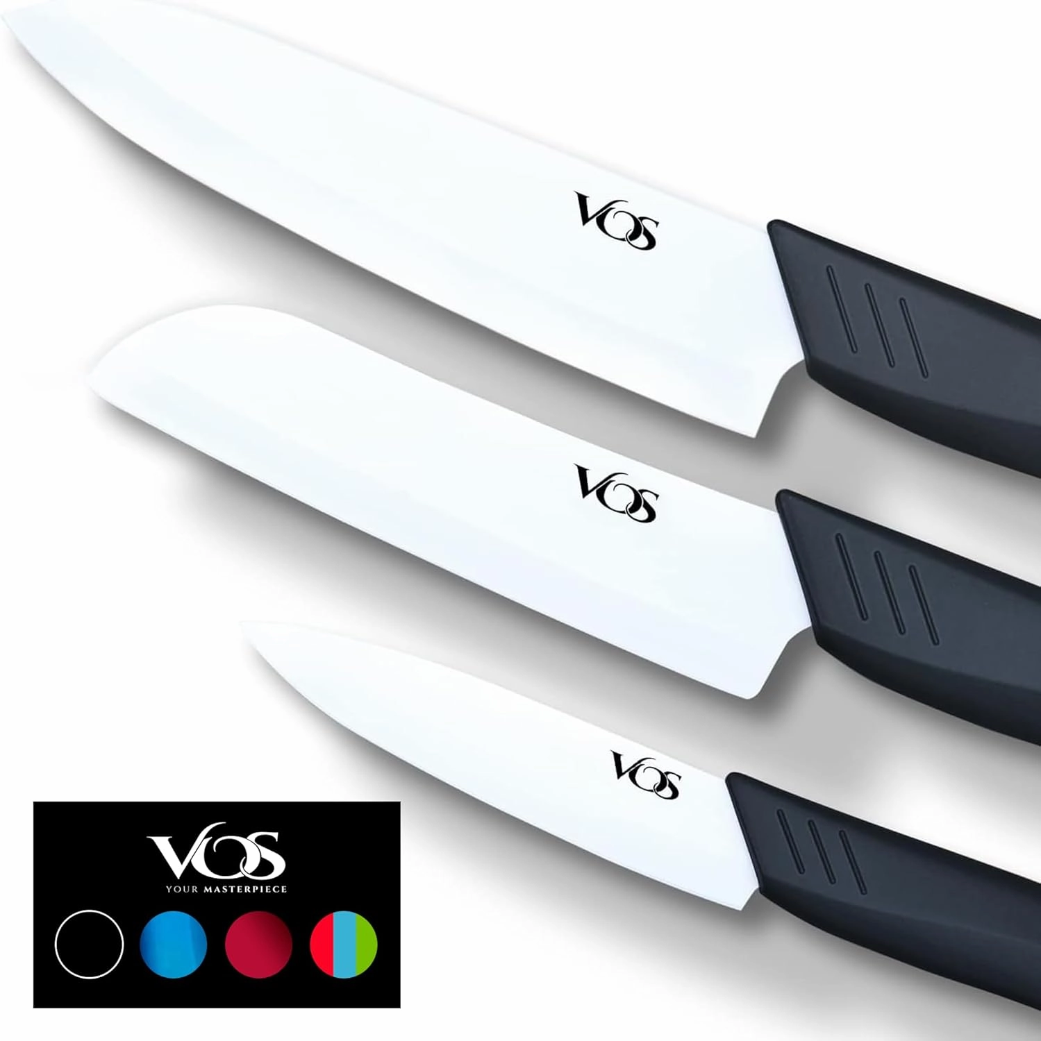Vos Ceramic Knife Set in an Elegant Gift Box | Premium Knives set for Kitchen | Ceramic Kitchen Knife Set with Covers | White Paring Knife Set 4", 5", 6" | Sharp, Lightweight, Dishwasher Safe (Black)