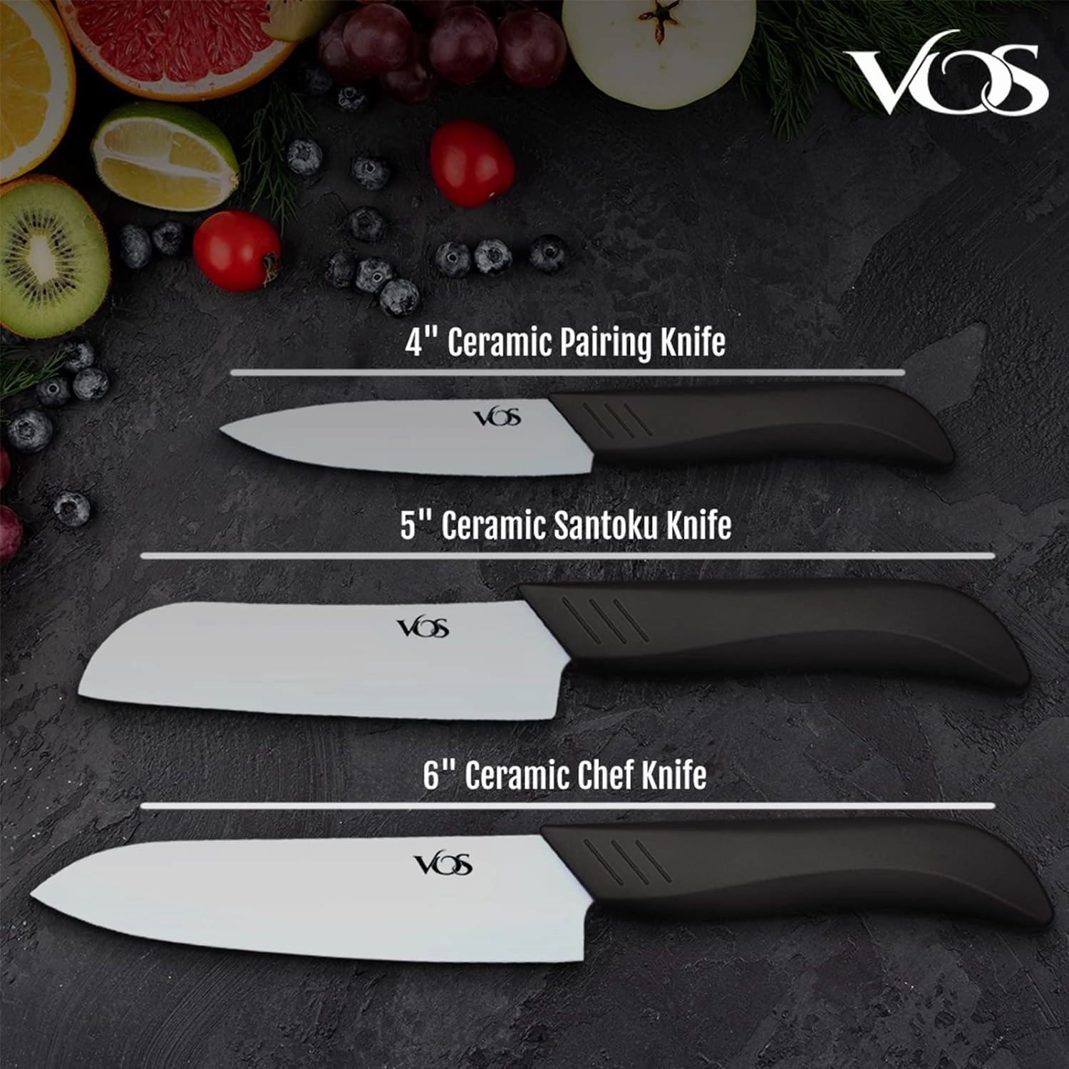 Vos Ceramic Knife Set in an Elegant Gift Box | Premium Knives set for Kitchen | Ceramic Kitchen Knife Set with Covers | White Paring Knife Set 4", 5", 6" | Sharp, Lightweight, Dishwasher Safe (Black)