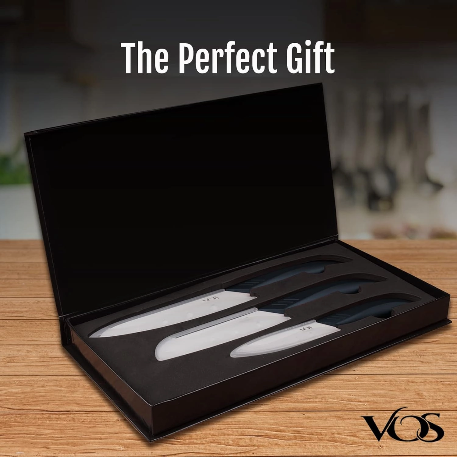 Vos Ceramic Knife Set in an Elegant Gift Box | Premium Knives set for Kitchen | Ceramic Kitchen Knife Set with Covers | White Paring Knife Set 4", 5", 6" | Sharp, Lightweight, Dishwasher Safe (Black)