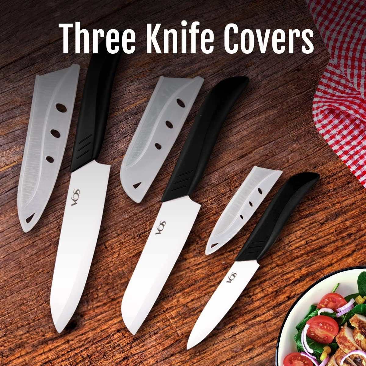 Vos Ceramic Knife Set in an Elegant Gift Box | Premium Knives set for Kitchen | Ceramic Kitchen Knife Set with Covers | White Paring Knife Set 4", 5", 6" | Sharp, Lightweight, Dishwasher Safe (Black)
