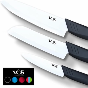 Vos Ceramic Knife Set in an Elegant Gift Box | Premium Knives set for Kitchen | Ceramic Kitchen Knife Set with Covers | White Paring Knife Set 4", 5", 6" | Sharp, Lightweight, Dishwasher Safe (Black)