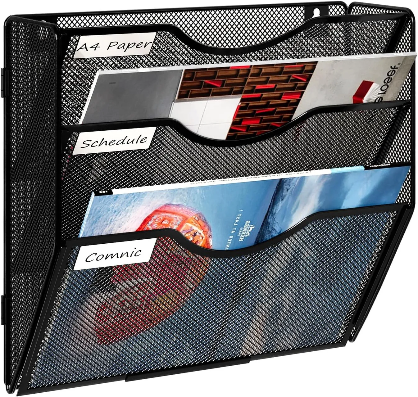 Wall Hanging File Holder 3 Tier Wall Mounted Paper Organizer Magazine File Holder Storage Organizer, Black