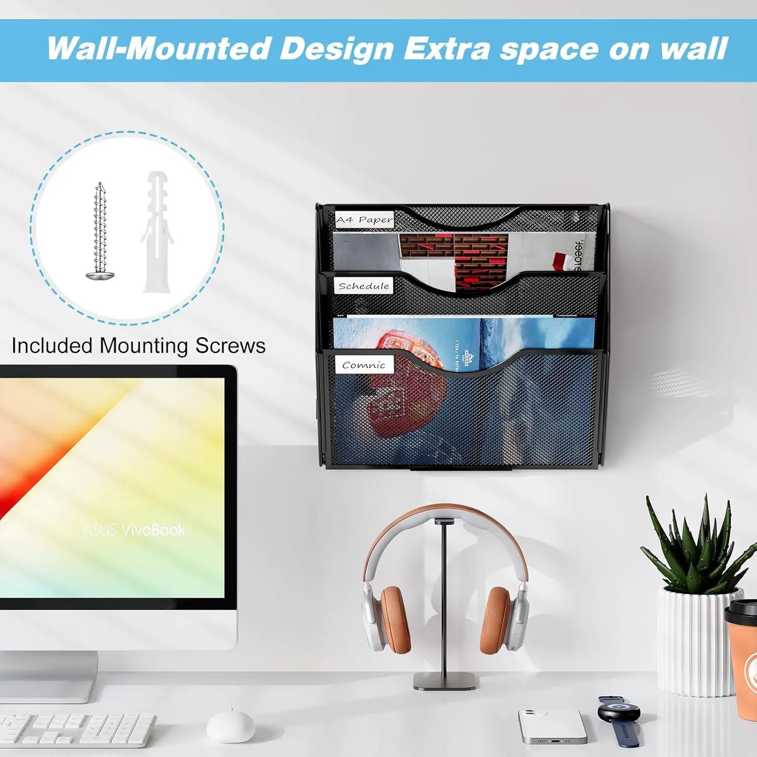 Wall Hanging File Holder 3 Tier Wall Mounted Paper Organizer Magazine File Holder Storage Organizer, Black