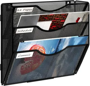 Wall Hanging File Holder 3 Tier Wall Mounted Paper Organizer Magazine File Holder Storage Organizer, Black