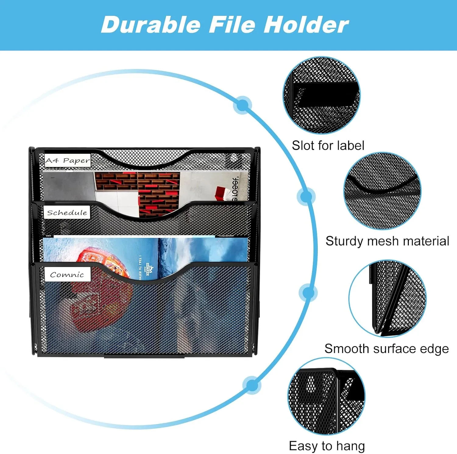 Wall Hanging File Holder 3 Tier Wall Mounted Paper Organizer Magazine File Holder Storage Organizer, Black