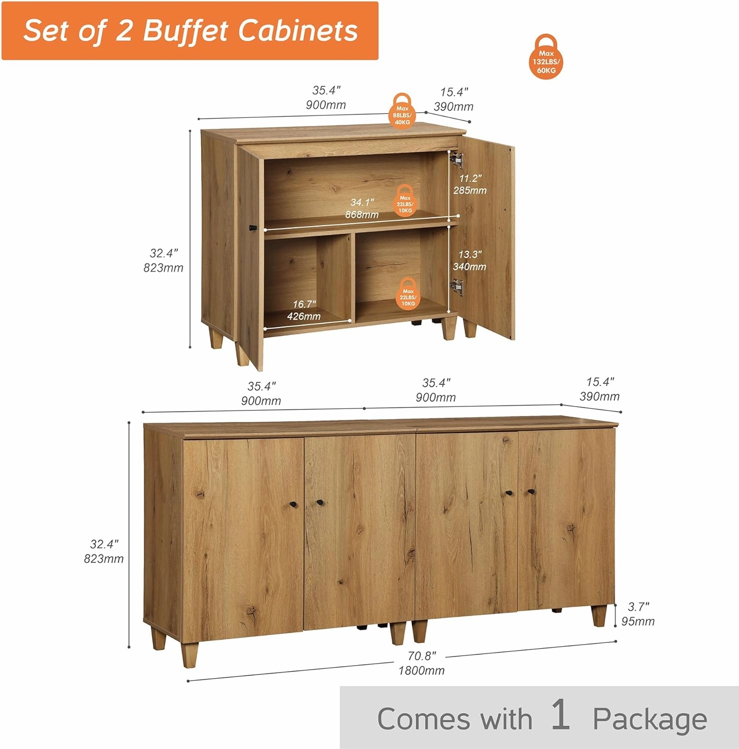 Wampat Sideboards Buffet Cabinets, 70.8" Wide Wooden Credenza Storage with 4 Doors, 2-in-1 Modern Kitchen Accent Cabinets with 6 Compartments for Living Room, Hallway, Oak Brown
