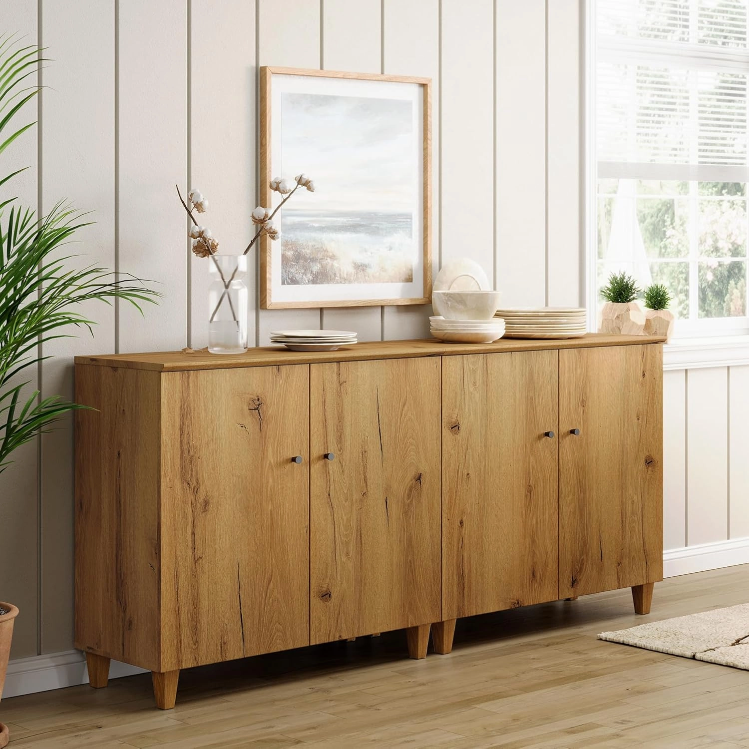 Wampat Sideboards Buffet Cabinets, 70.8" Wide Wooden Credenza Storage with 4 Doors, 2-in-1 Modern Kitchen Accent Cabinets with 6 Compartments for Living Room, Hallway, Oak Brown