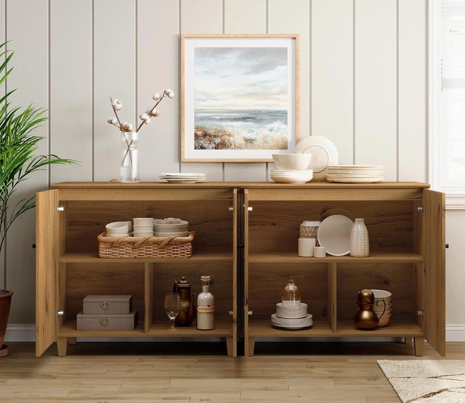Wampat Sideboards Buffet Cabinets, 70.8" Wide Wooden Credenza Storage with 4 Doors, 2-in-1 Modern Kitchen Accent Cabinets with 6 Compartments for Living Room, Hallway, Oak Brown