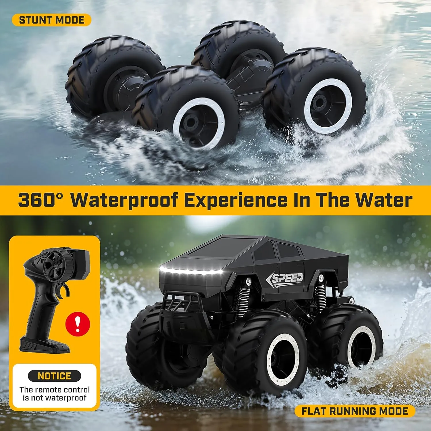 WayEee RC Car Kids Toys for Ages 6 , Remote Control Car Waterproof Monster Truck, Amphibious 4WD All Terrain Off-Road Pickup, 1:16 Scale, 2.4GHZ Vehicles, Boys Christmas Kids Birthday Gift/Black