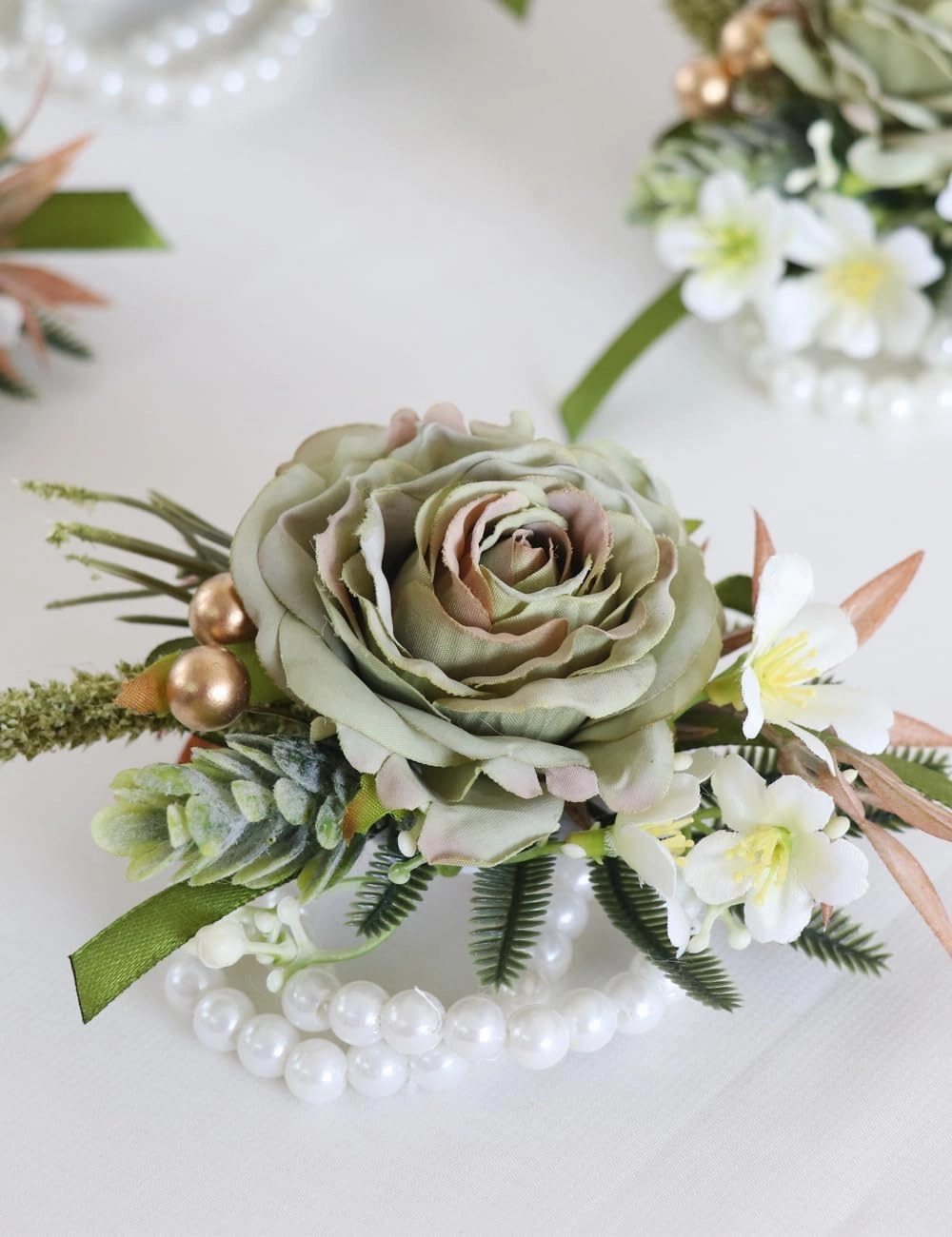 Wedding Wrist Corsage, 5 x 3.5 inches, Artificial Green Roses with Pearl Band, Set of 6