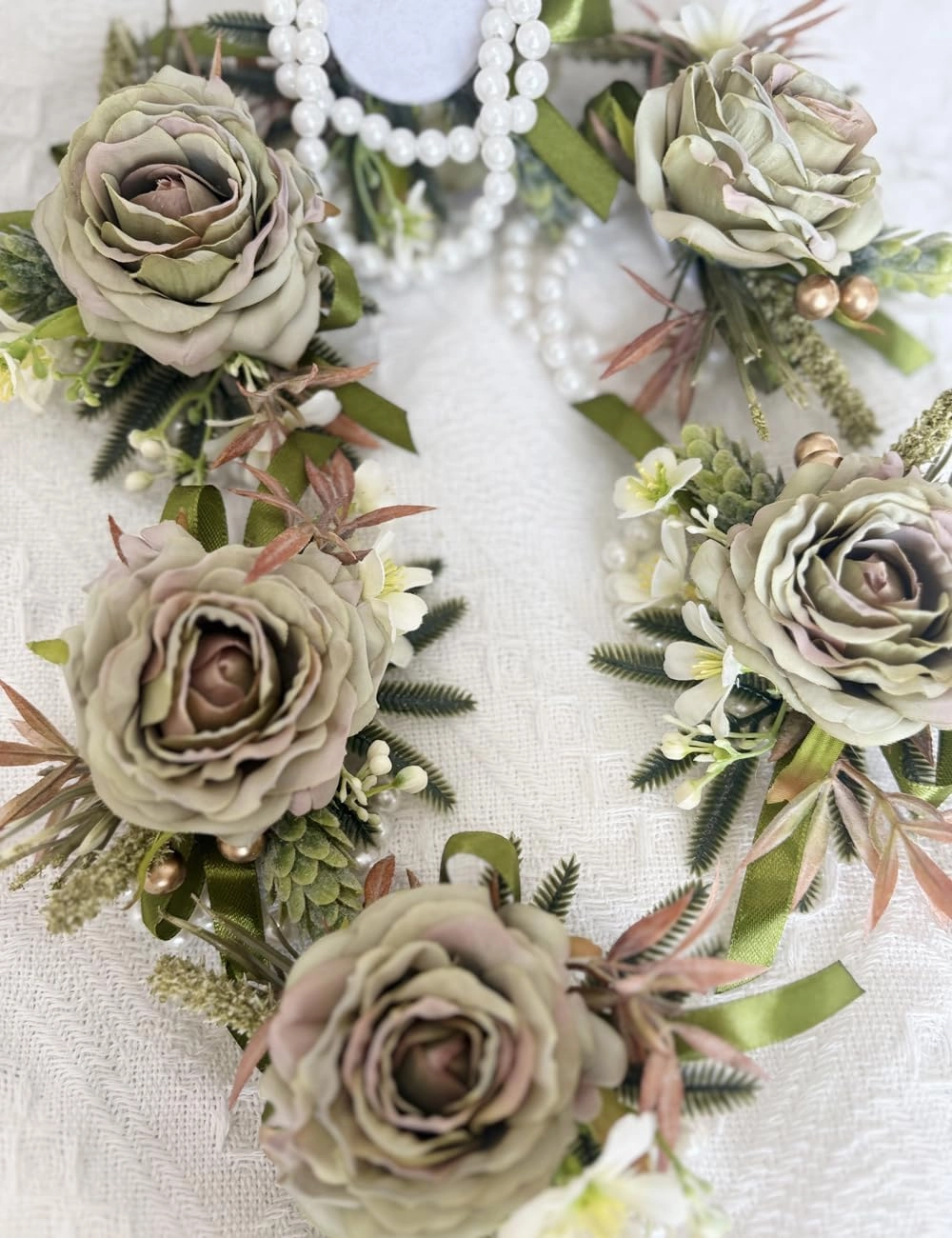 Wedding Wrist Corsage, 5 x 3.5 inches, Artificial Green Roses with Pearl Band, Set of 6
