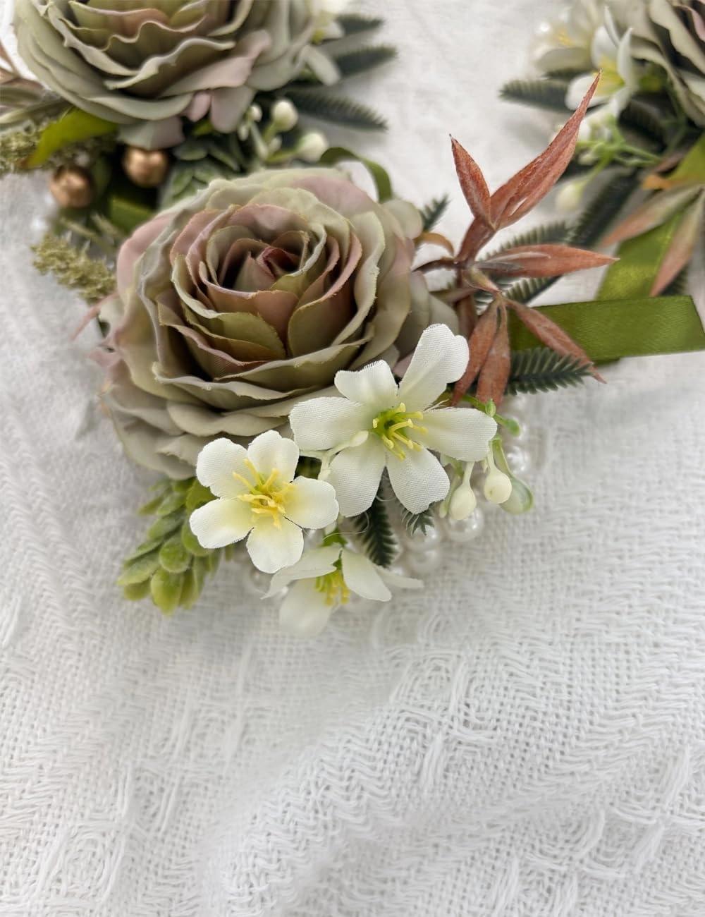 Wedding Wrist Corsage, 5 x 3.5 inches, Artificial Green Roses with Pearl Band, Set of 6