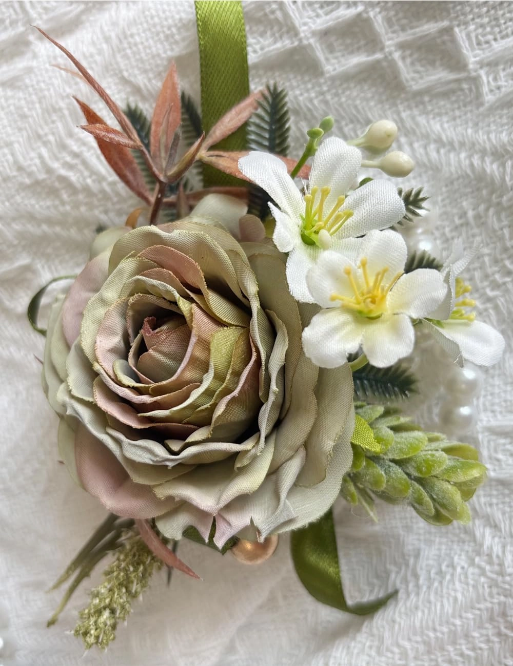Wedding Wrist Corsage, 5 x 3.5 inches, Artificial Green Roses with Pearl Band, Set of 6